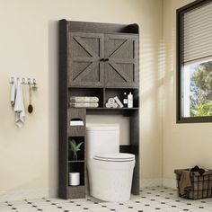 a bathroom with a toilet and shelves in it