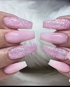 Pink Nails Acrylic With Glitter, Ballerina Nails Pink Glitter, Pink Nails One Glitter Nail, Acrylic Nails Pink With Glitter, Cute Pink Nails With Glitter, Light Pink Sparkly Nails Acrylic, Pink Ombre Glitter Acrylic Nails, Pink Glitter Nails With Design, Spring And Summer Nails 2023