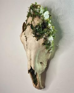 an animal's skull is adorned with flowers and greenery on a white wall