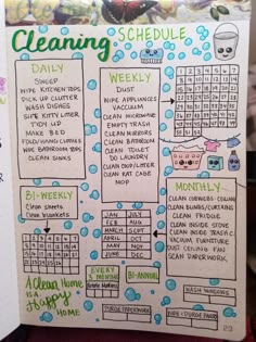 a hand holding up a planner with the words cleaning schedule on it