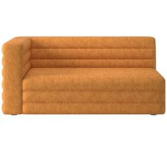 an orange couch sitting on top of a white floor