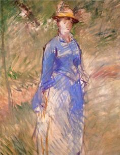 a painting of a woman in a blue dress and straw hat walking through the grass