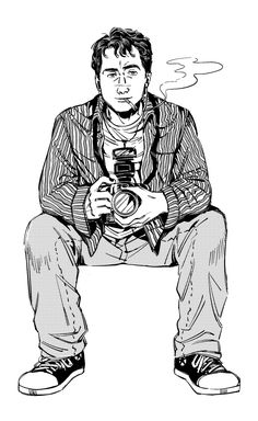 a black and white drawing of a man holding a camera