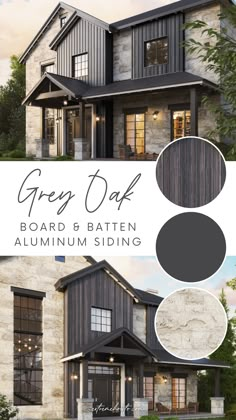 the front and back side of a house with text overlay that reads grey oak board & batten aluminum siding