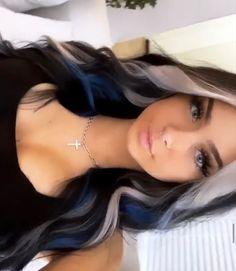 Dark Blue Hair With Light Blue Money Piece, Blue Hair Ideas For Black Hair, Blue Black Hair With Blonde Money Piece, Black Hair With Accent Color, Blue Black Blonde Hair, Red And Silver Hair Color Ideas, Purple Blonde And Black Hair, Blue Black And Blonde Hair, Blue Blonde And Black Hair