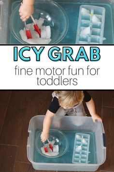 a toddler playing with ice cubes and toothbrushes in an ice tray