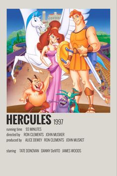 an advertisement for the animated movie hercules, featuring two men and a woman standing next to each other