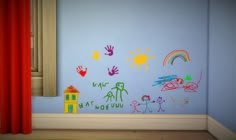 a child's room with handprints on the wall and red drapes