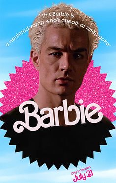 an advertisement for the movie barbie, featuring a man with blonde hair