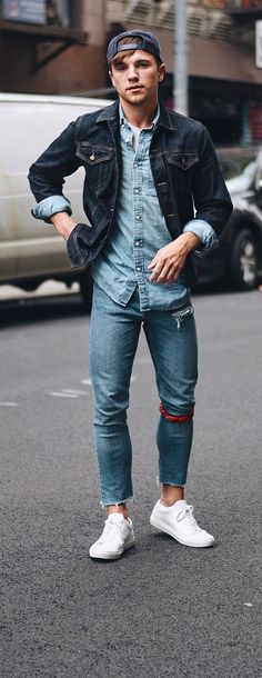 Denim Shirt,Denim Jacket,Denim Jeans Outfit for Mens Street Style Denim Jeans Outfit Men, Denim Jacket Men Outfit, Geek Outfit, Denim Jeans Outfit, Jeans Outfit Men, Preppy Mens Fashion, Classic Menswear, Men With Street Style, Denim Shirt Men