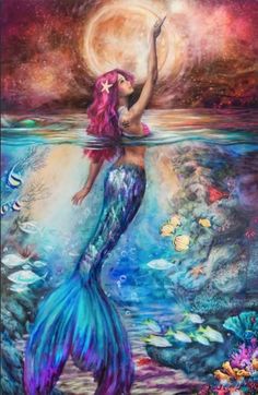 a painting of a mermaid with her arms up in the air and holding a starfish