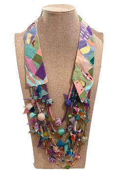 Womens Pastel Multi Strand Beaded Waterfall Collar Scarf Necklace From Recycled Hand Painted Cotton Fabrics LRW DESIGNS - Etsy Treasure Necklace, Collar Hippie, Fiber Necklace, Fiber Art Jewelry, Collar Scarf, Tie Crafts, Woven Necklace, Scarf Necklace, Precious Beads