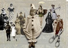 a collage of people dressed up in costumes and hats, including an old fashioned clown