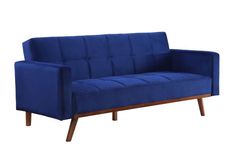 a blue couch sitting on top of a wooden frame