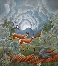 a painting of two deer running in the woods with birds flying above them and clouds overhead