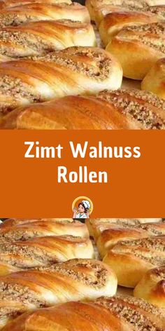 some breads are lined up in rows with the words zimt walmus rolen