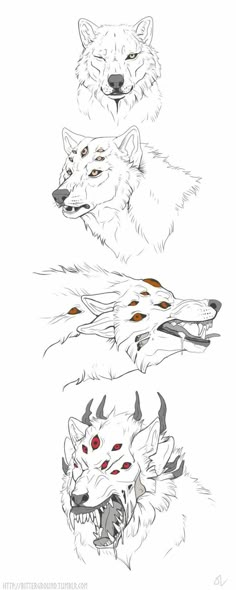 three different types of wolfs with red eyes