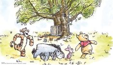 winnie the pooh, tigger, eeo and piggie under a tree