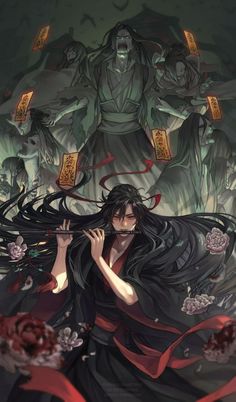 a woman with long black hair standing in front of an image of two demonic creatures