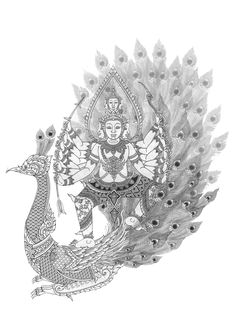 a drawing of a peacock with a woman sitting on it's back