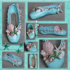 there is a collage of pictures with blue shoes and seashells on them