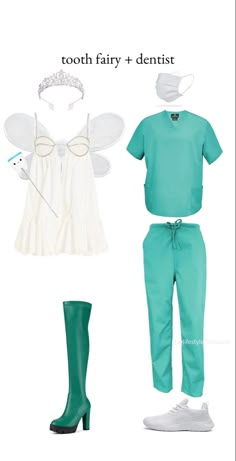 the tooth fairy and dentist costume is shown with green pants, white shirt and boots