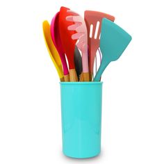 a blue cup filled with lots of different colored utensils and spatulas