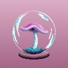 a pixelated mushroom is in the middle of a circular object on a pink background