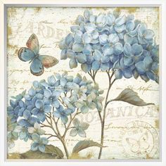 a painting of blue flowers and butterflies on a white background