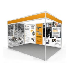 a trade show booth with an orange and white backdrop