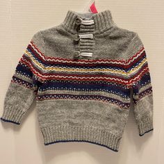 This Sweater Is Brand New With Tags Cat & Jack Brand - Toddler Boy’s Gray Stitched Fair Isle Print Sweater (Red Blue Yellow And White) Mock Neck, Pullover, Long-Sleeves, 3 Buttons Message Me With Questions! White Mock Neck, Boys Sweaters, Cat & Jack, Printed Sweater, Red Sweaters, Fair Isle, Mock Neck, Colorful Sweaters, Toddler Boys