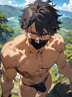 an image of a man with no shirt on posing for the camera in front of mountains