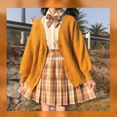 Orange Uniform School, Apricot Outfit Ideas, Bright Academia Aesthetic Outfit, Honey Core Outfits, Orange Preppy Outfit, Honeycore Outfits, Pastel Academia Fashion, Cute Yellow Outfits, Yellow Academia