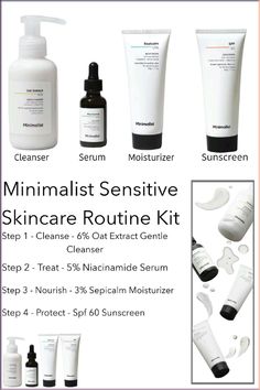 Item Form	Serum
Brand	Minimalist
Product Benefits	Cleansing
Skin Type	Sensitive
Special Ingredients	6% Oat Extract, 5% Niacinamide, 3% Sepicalm 
. 
. #skincare 
. 
. 
Minimalist Sensitive Skincare Routine Kit
Step 1 - Cleanse - 6% Oat Extract Gentle Cleanser
Step 2 - Treat - 5% Niacinamide Serum
Step 3 - Nourish - 3% Sepicalm Moisturizer
Step 4 - Protect - Spf 60 Sunscreen
. 
.#skincare #minimalist  #sensitiveskincare  #acnetreatment  #skintreatment #skinhealth Soothing Face Mask Diy, Sensitive Skincare Routine, Soothing Face Mask, Sensitive Skincare, Sensitive Skin Care Routine, Minimalist Skincare, Face Mask Recipe, Break Bad Habits, Sensitive Skin Care