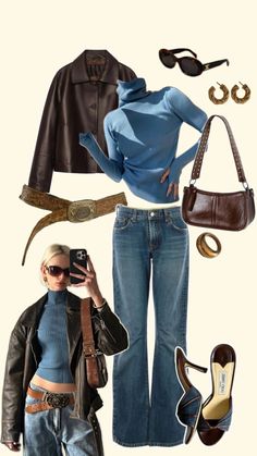 cool jeans jackets brown leather heels winter look cute pretty Brown Leather Jacket Outfit, Heels Winter, Cool Jeans, Jacket Outfit Women, Ootd Aesthetic, Relaxed Outfit, Brown Leather Heels, Leather Jacket Outfits, Jacket Outfit