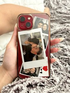 a person holding an iphone case with photos on it