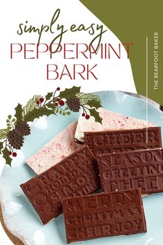 three pieces of peppermint bark on a plate