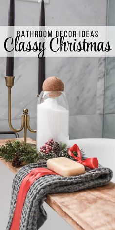 bathroom decor ideas classy christmas with candles, soap and pine cones on the counter