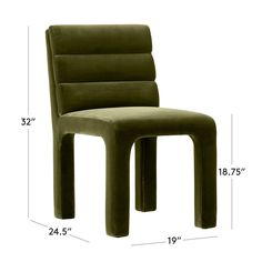 the side view of a green chair with measurements