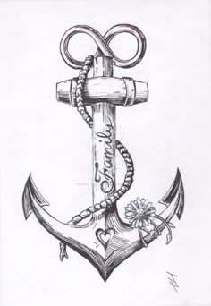 a drawing of an anchor with flowers on it