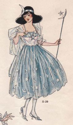 a drawing of a woman in a blue dress and hat holding a flag with stars on it