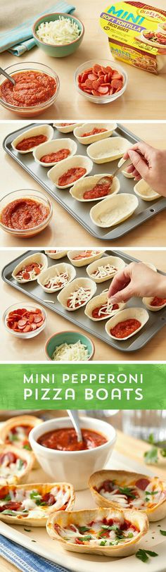 the process of making mini pepperoni pizza boats is shown in three different stages, including filling and toppings