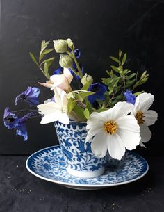 a blue and white cup filled with flowers sitting on top of a saucer next to a black wall