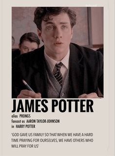 a man in a suit and tie holding a pen with the caption james potter