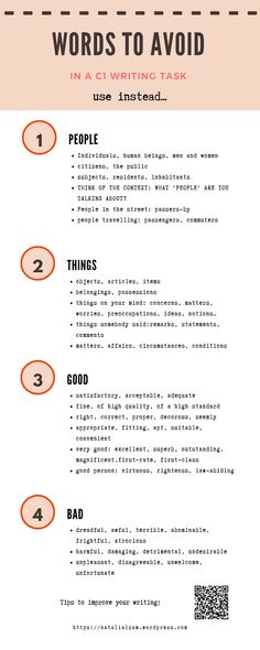 an info sheet with the words to avoid in it and how to use it for writing