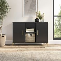 a black cabinet with baskets and plants in it next to a planter on the floor