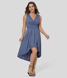 Deep V Neck Sleeveless Plicated High Low Crossover Hem Flowy Midi Casual Dress Aesthetic Dress Outfit, Midi Casual Dress, Free Size Dress, Dress With V Neck, High Low Midi Dress, Flowy Midi Dress, Deep V Dress, Flowy Mini Dress, Fall Dress Outfit