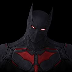 a man with red eyes wearing a black batman mask and dark skin, standing in front of a black background