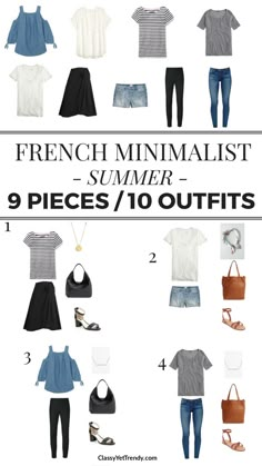 Turn 9 tops and bottoms into 10 outfits, French style!   If you have 9 basic essentials in your closet, you can turn them into 10 outfits!  These 9 tops and bottoms are classic and timeless pieces that you may already have in your closet!  They mix well with one another because of the neutral… French Capsule Wardrobe, French Minimalist, Minimalist Moda, France Trip, Classy Yet Trendy, Minimalist Summer, Fashion Capsule Wardrobe, Minimalist Capsule Wardrobe, Spring Capsule Wardrobe