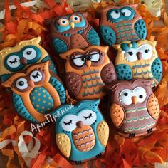 decorated cookies in the shape of owls on orange and orange streamers with ribbons around them